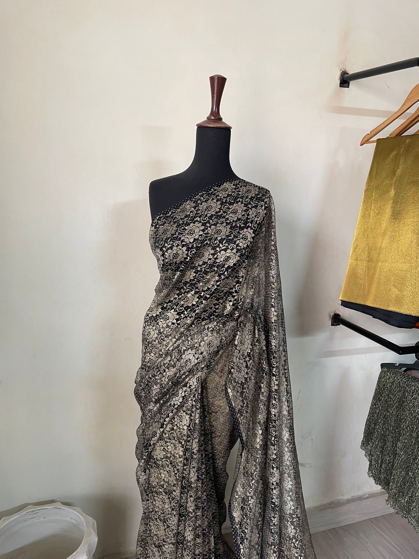 Charcoal sequins net saree
