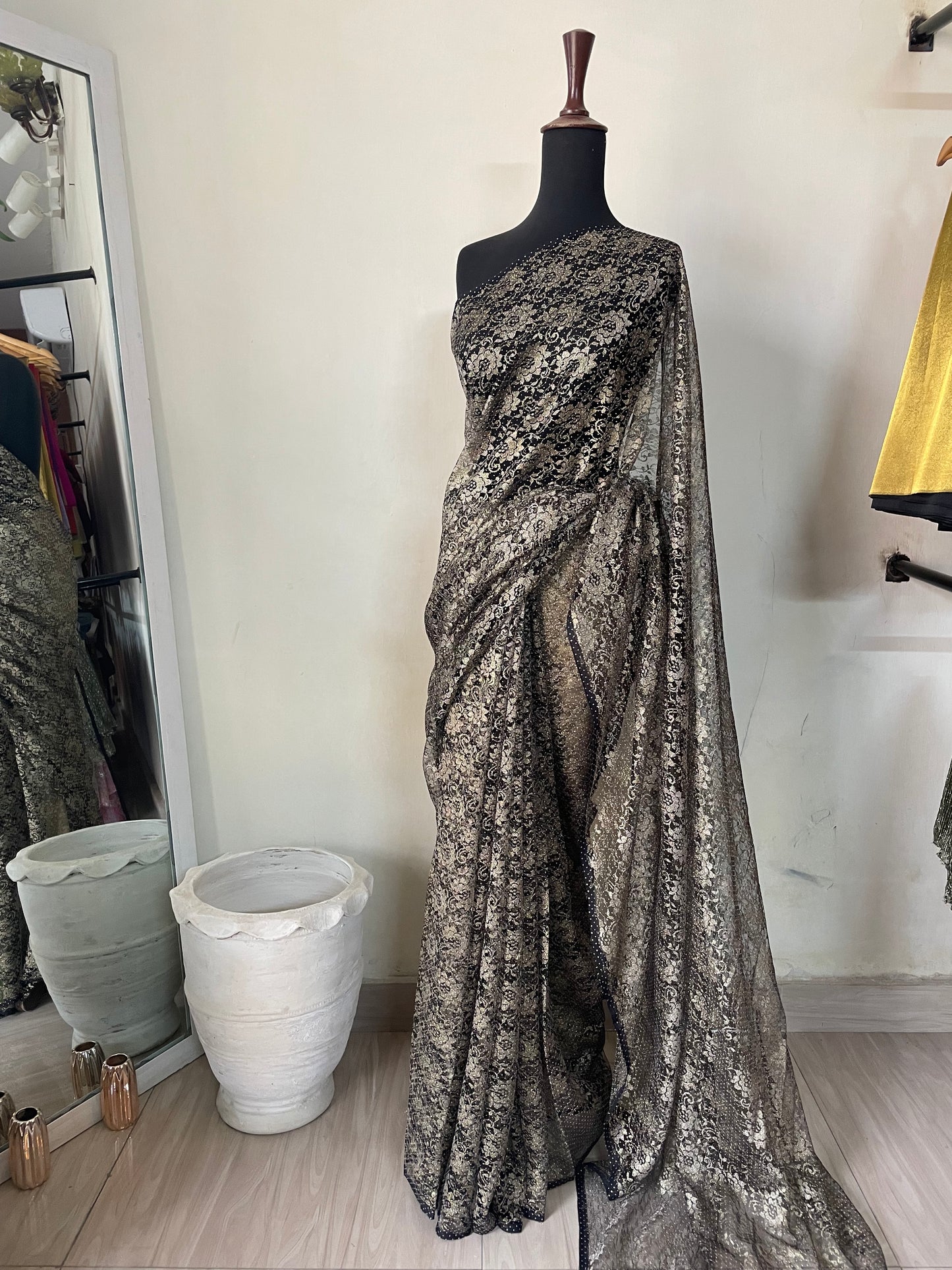 Charcoal sequins net saree